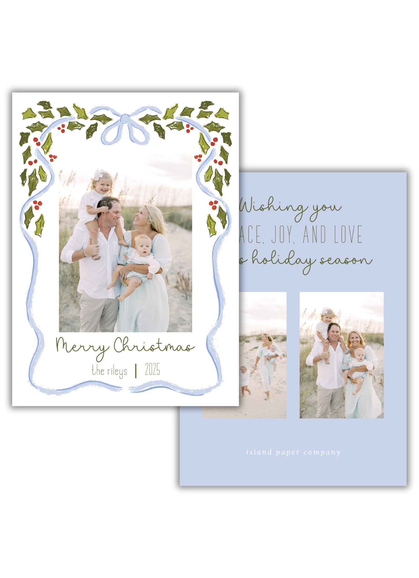 Greenery and Blue Frame Merry Christmas Card