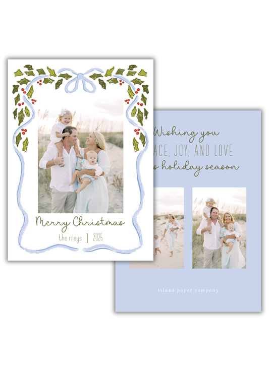 Greenery and Blue Frame Merry Christmas Card